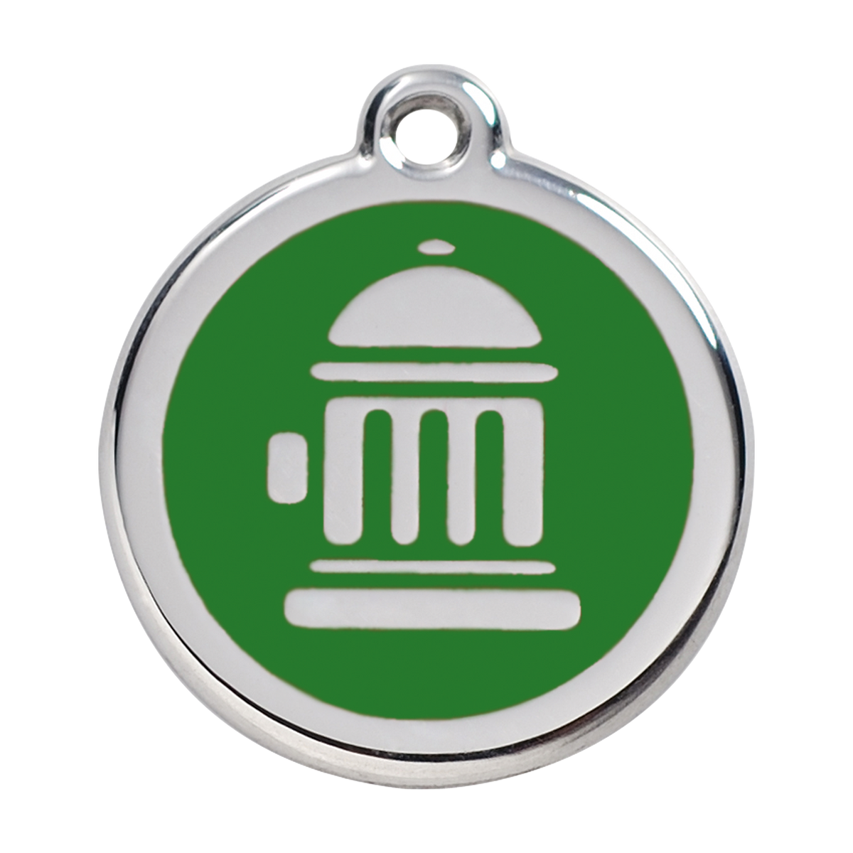 Stainless steel dog ID tag with green enamel fire hydrant icon