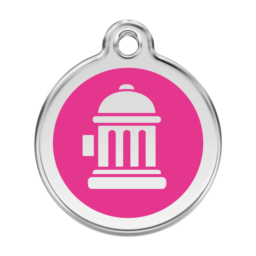 Stainless steel dog ID tag with bright pink enamel fire hydrant icon