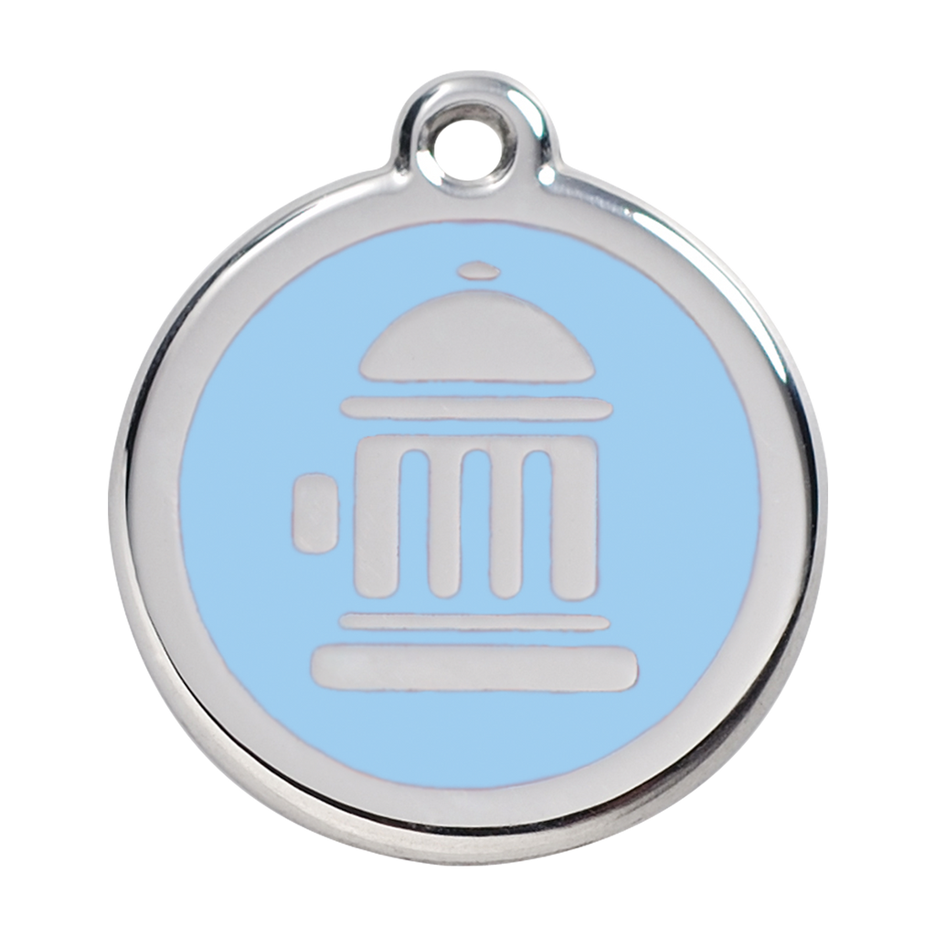 Red Dingo round dog ID tag with blue enamel fire hydrant icon and metal loop