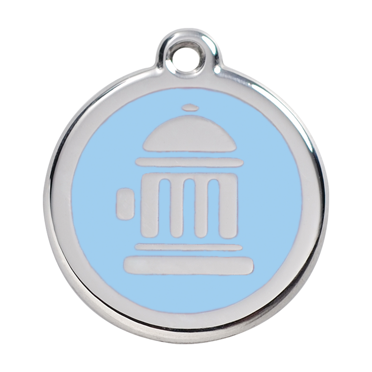 Red Dingo round dog ID tag with blue enamel fire hydrant icon and metal loop