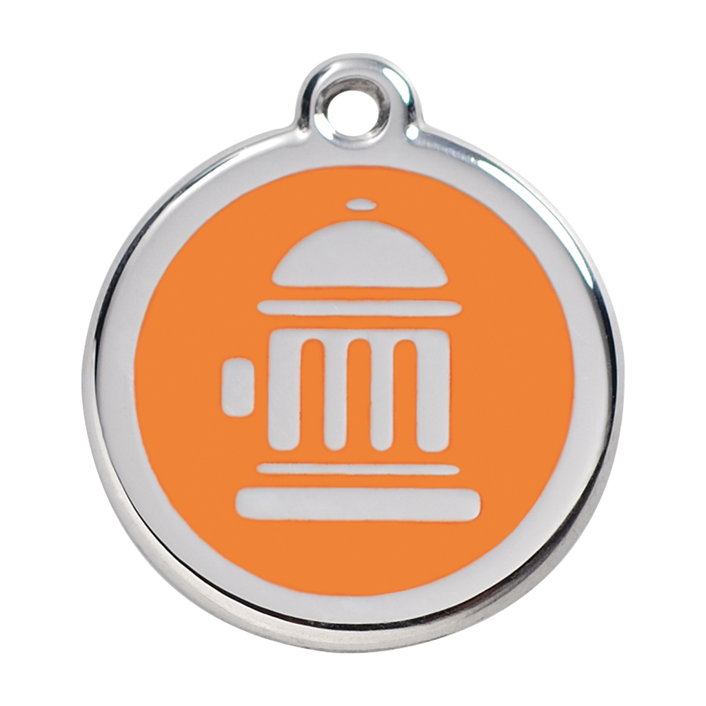 Stainless steel dog ID tag with orange enamel fire hydrant icon