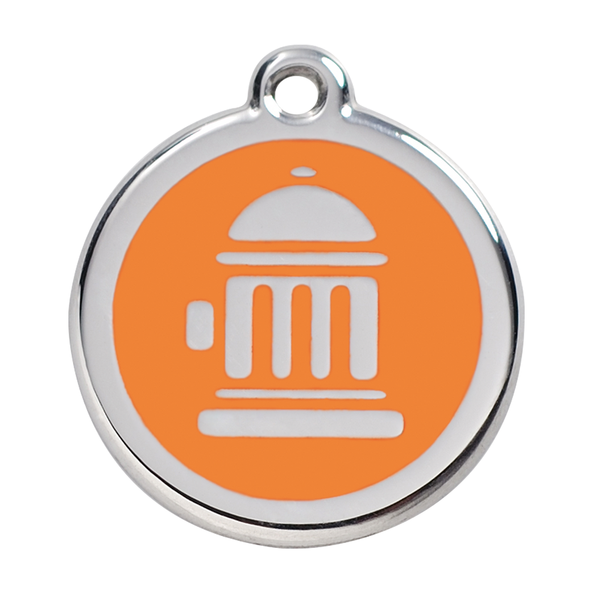 Stainless steel dog ID tag with orange enamel fire hydrant icon