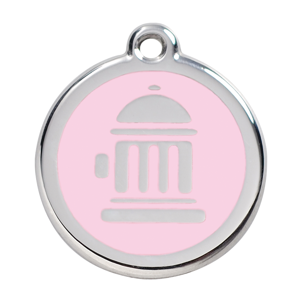 Stainless steel dog ID tag with light pink enamel fire hydrant icon