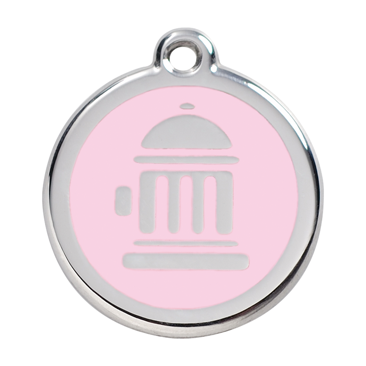 Stainless steel dog ID tag with light pink enamel fire hydrant icon