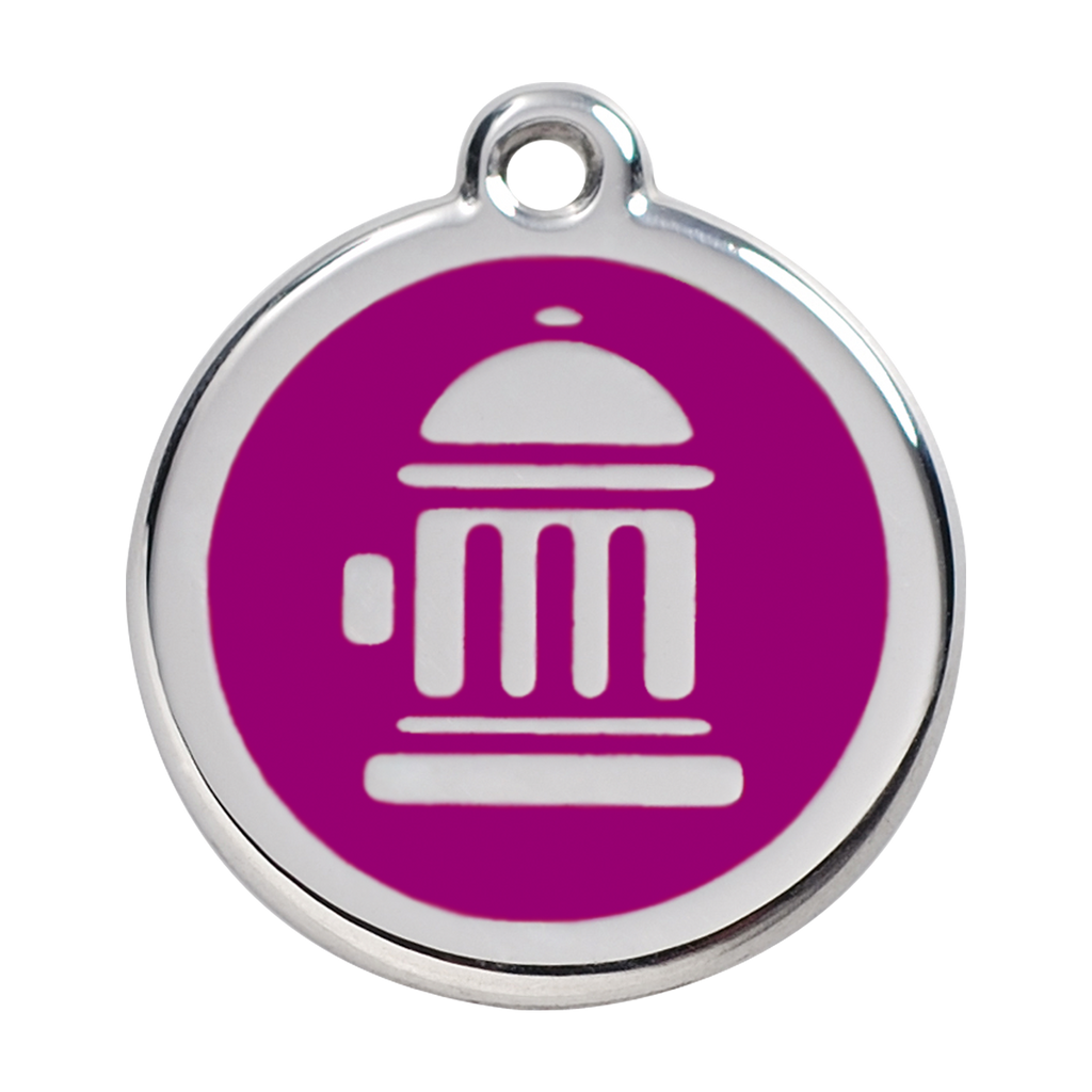 Stainless steel dog ID tag with purple enamel fire hydrant icon