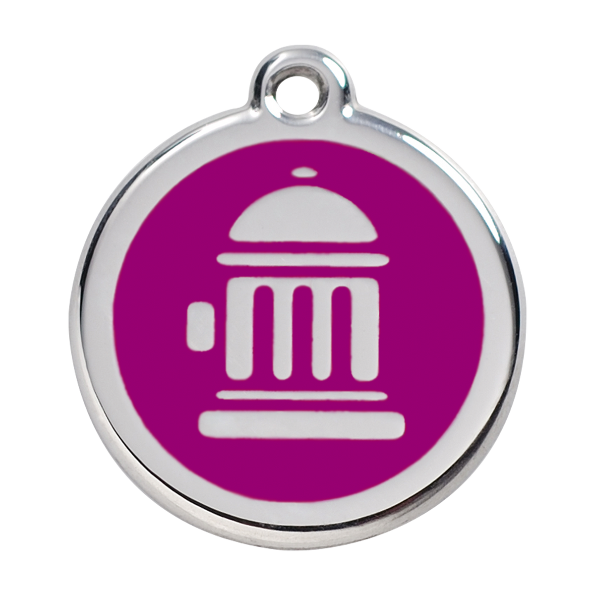 Stainless steel dog ID tag with purple enamel fire hydrant icon