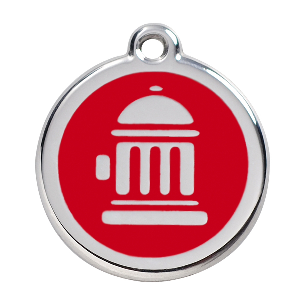 Stainless steel dog ID tag with red enamel fire hydrant icon