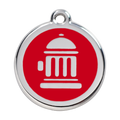 Stainless steel dog ID tag with red enamel fire hydrant icon