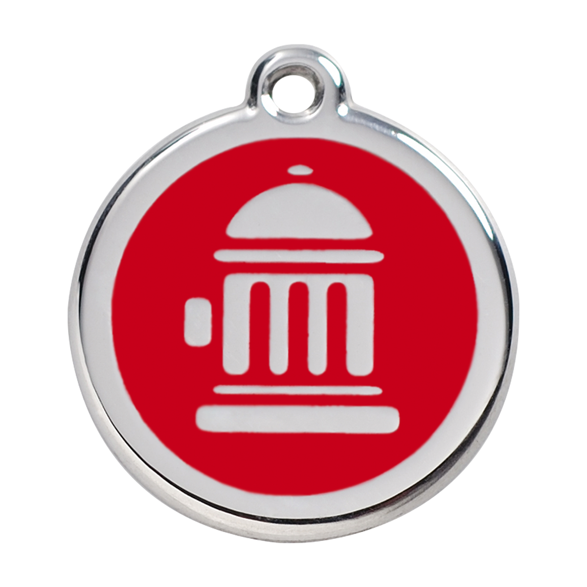Stainless steel dog ID tag with red enamel fire hydrant icon