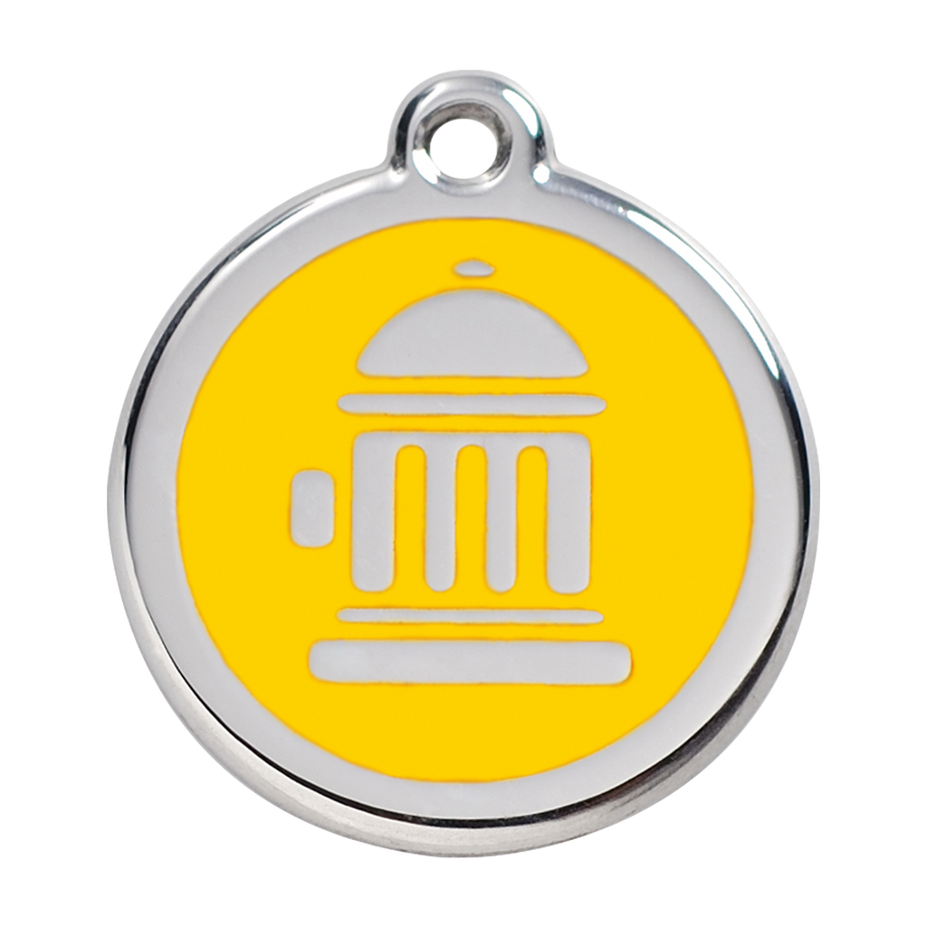 Stainless steel dog ID tag with yellow enamel fire hydrant icon
