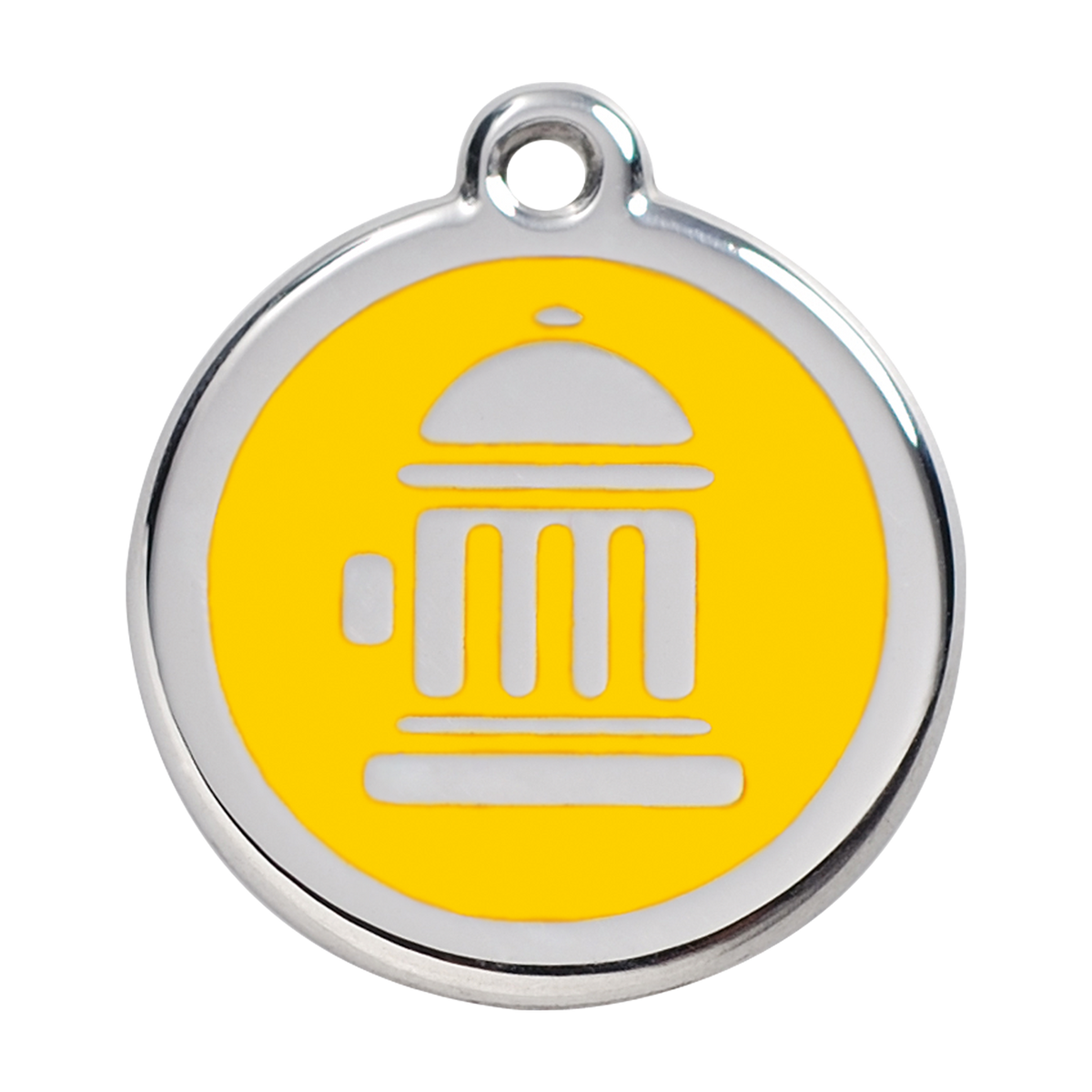 Stainless steel dog ID tag with yellow enamel fire hydrant icon