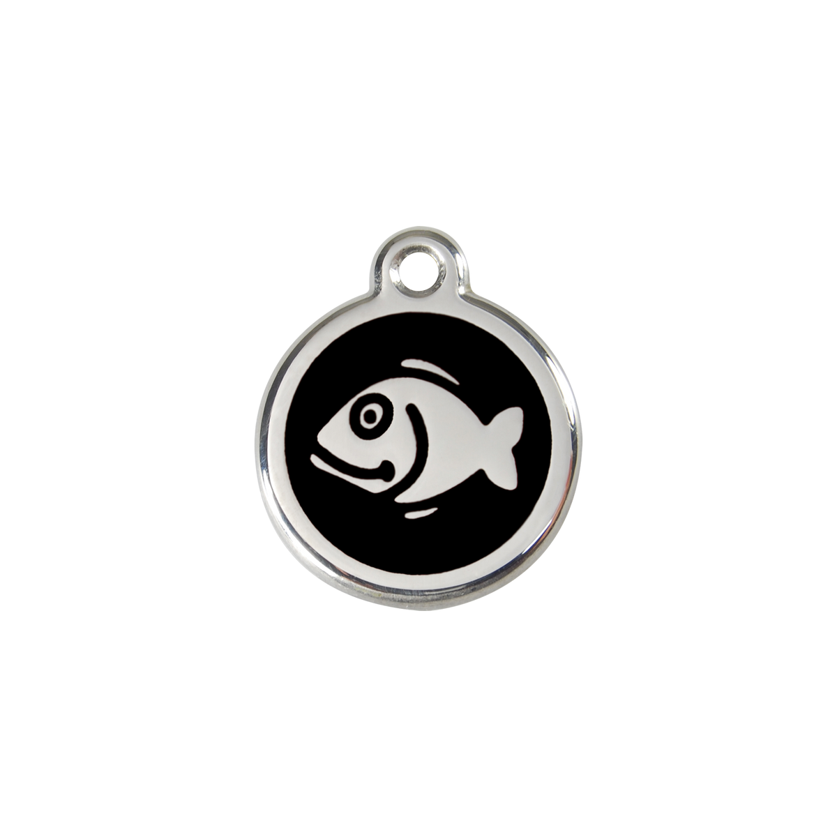 Red Dingo stainless steel cat ID tag, black fish icon