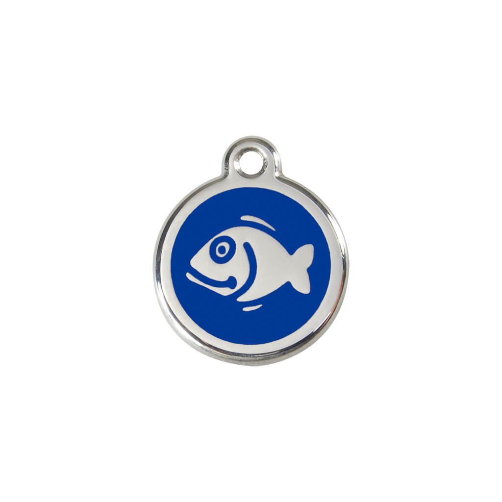 Red Dingo stainless steel cat ID tag, blue fish icon