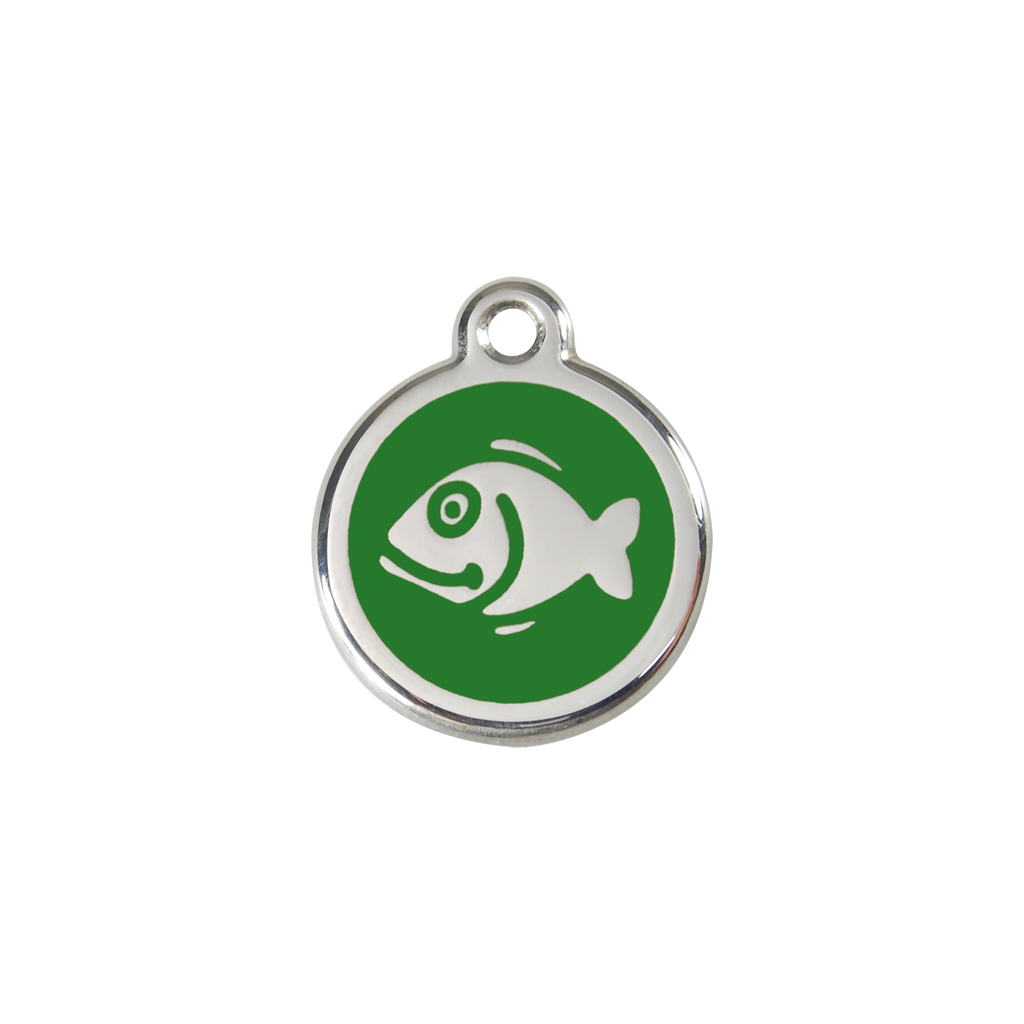 Red Dingo stainless steel cat ID tag, green fish icon
