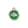 Red Dingo stainless steel cat ID tag, green fish icon
