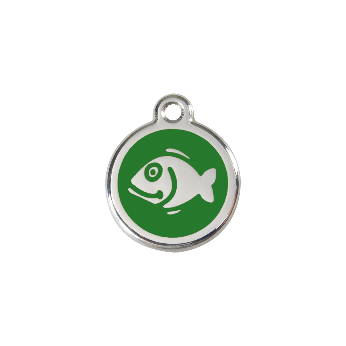 Red Dingo stainless steel cat ID tag, green fish icon