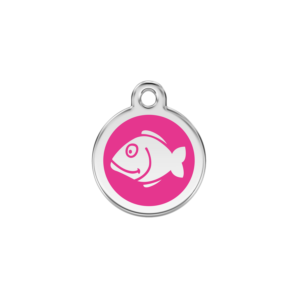Red Dingo stainless steel cat ID tag, hot pink fish icon