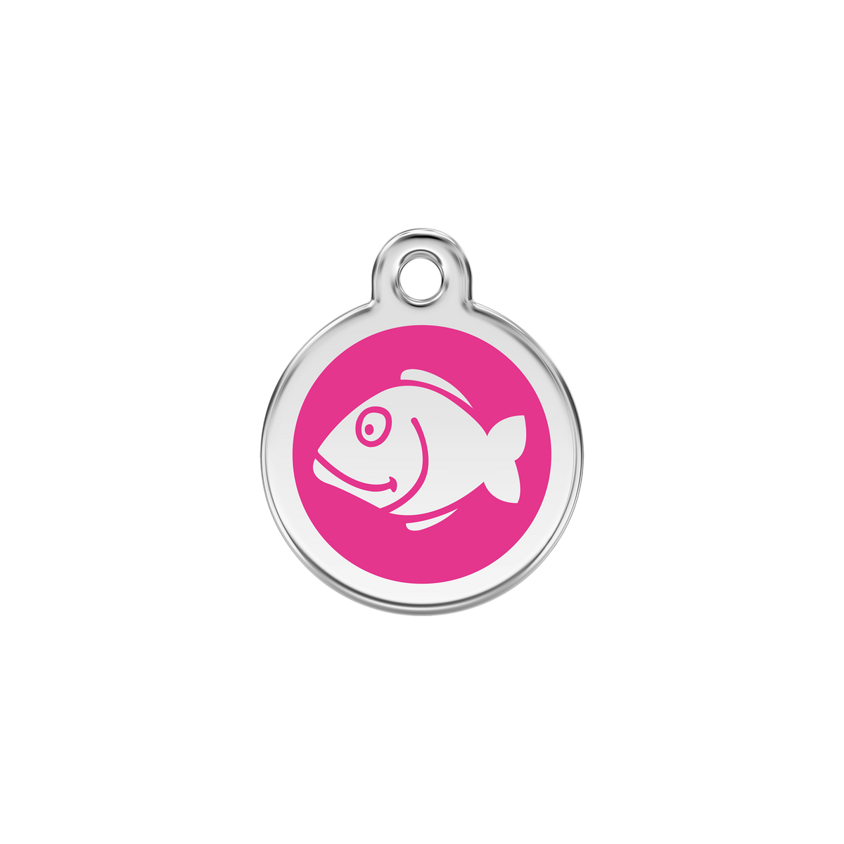 Red Dingo stainless steel cat ID tag, hot pink fish icon
