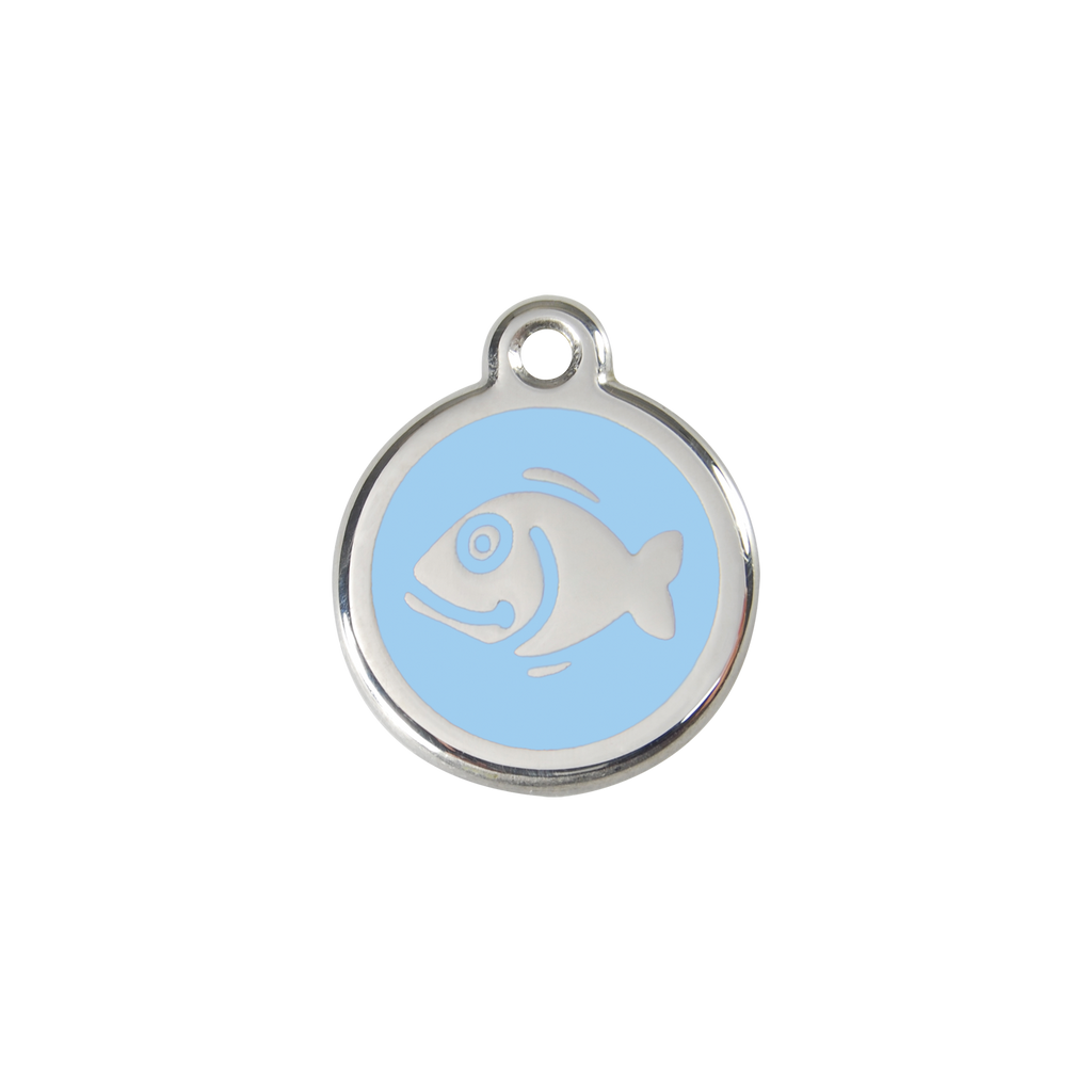 Red Dingo stainless steel cat ID tag, light blue fish icon