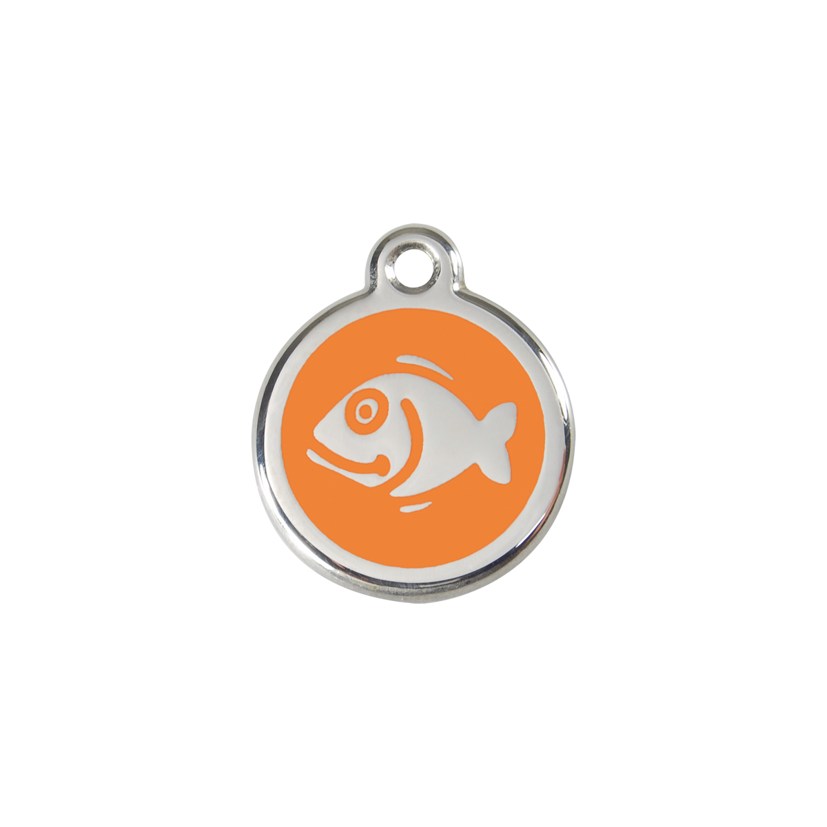 Red Dingo stainless steel cat ID tag, orange fish icon