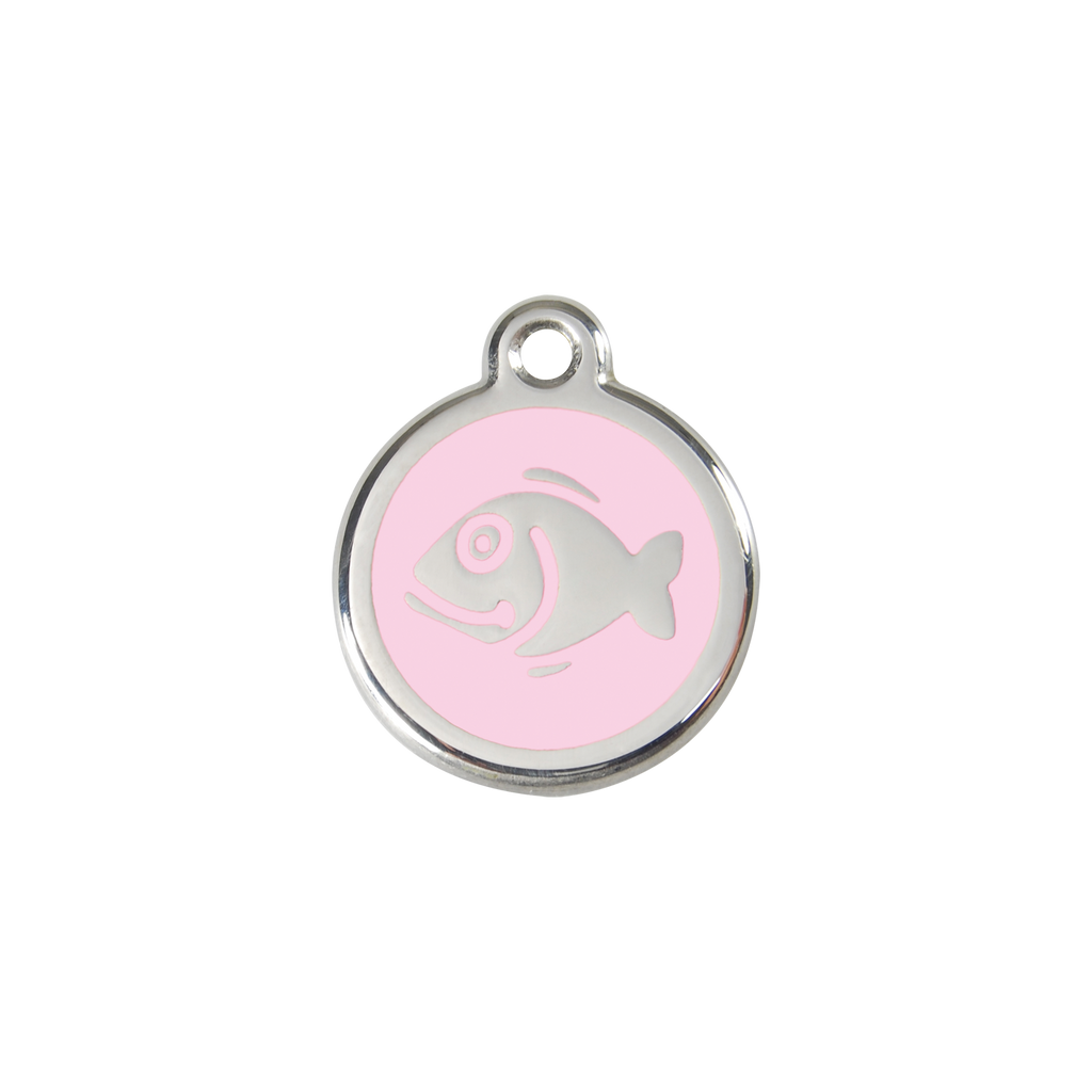 Red Dingo stainless steel cat ID tag, pink fish icon