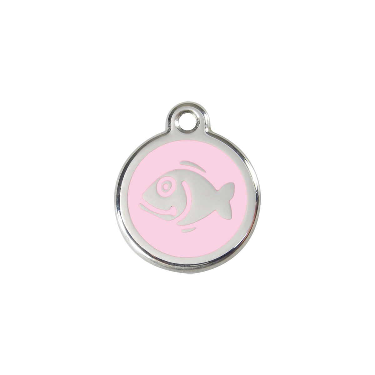 Red Dingo stainless steel cat ID tag, pink fish icon