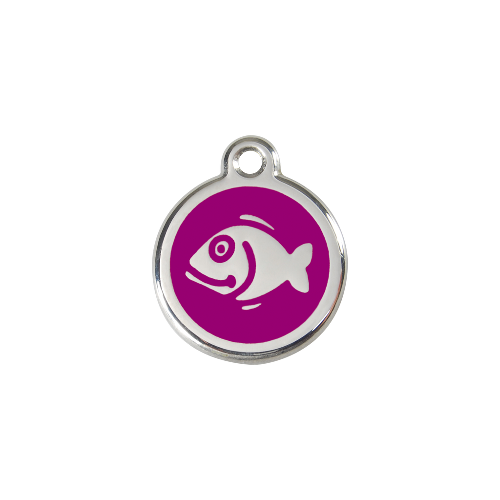Red Dingo stainless steel cat ID tag, purple fish icon