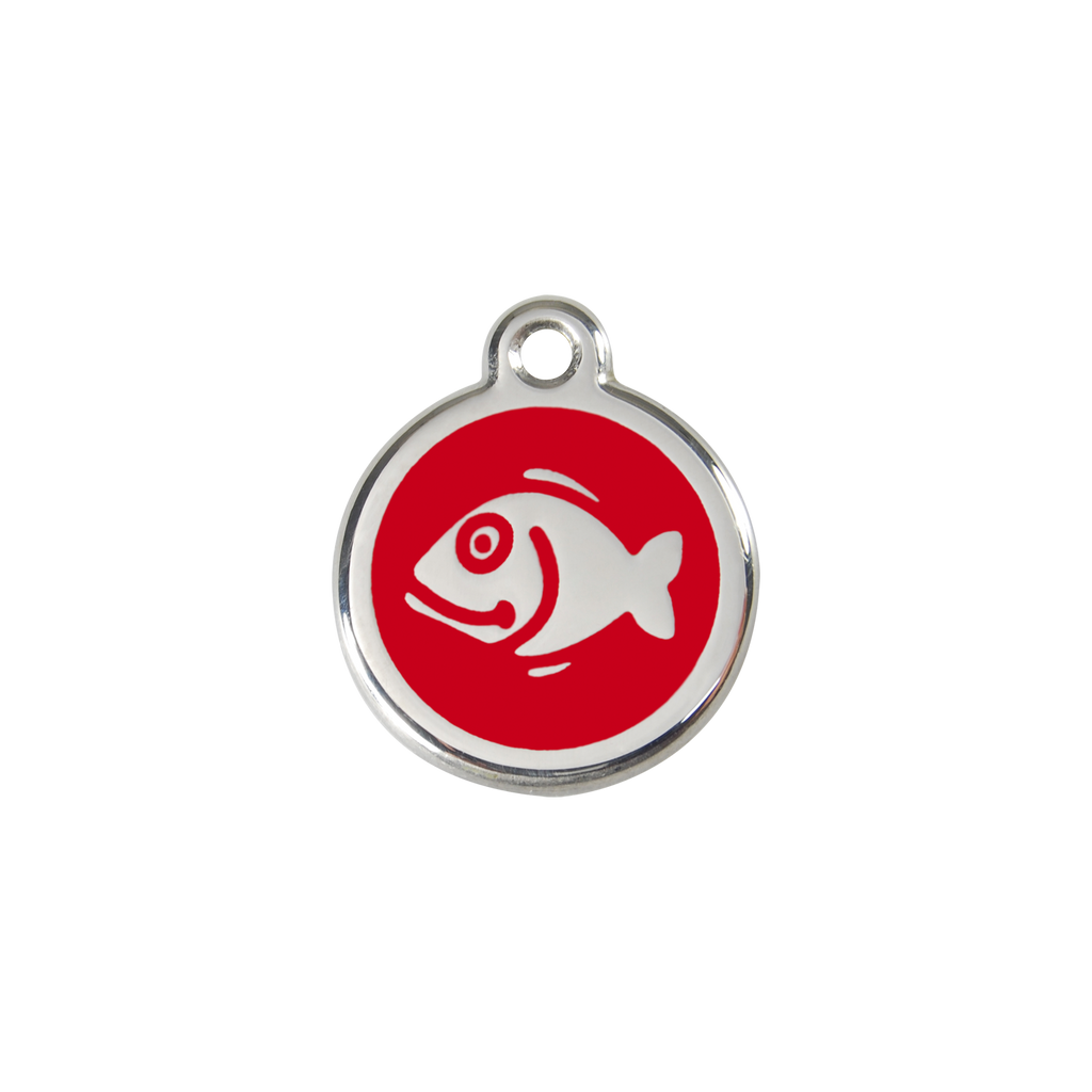 Red Dingo stainless steel cat ID tag, red fish icon