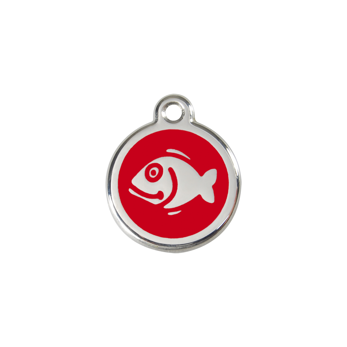 Red Dingo stainless steel cat ID tag, red fish icon