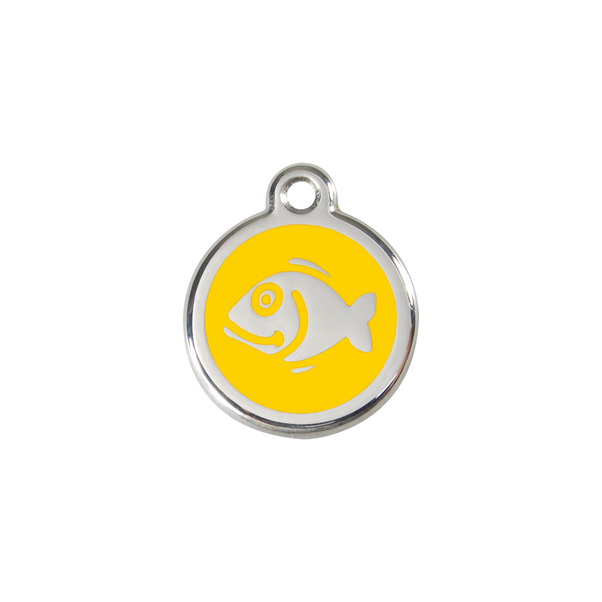 Red Dingo stainless steel cat ID tag, yellow fish icon