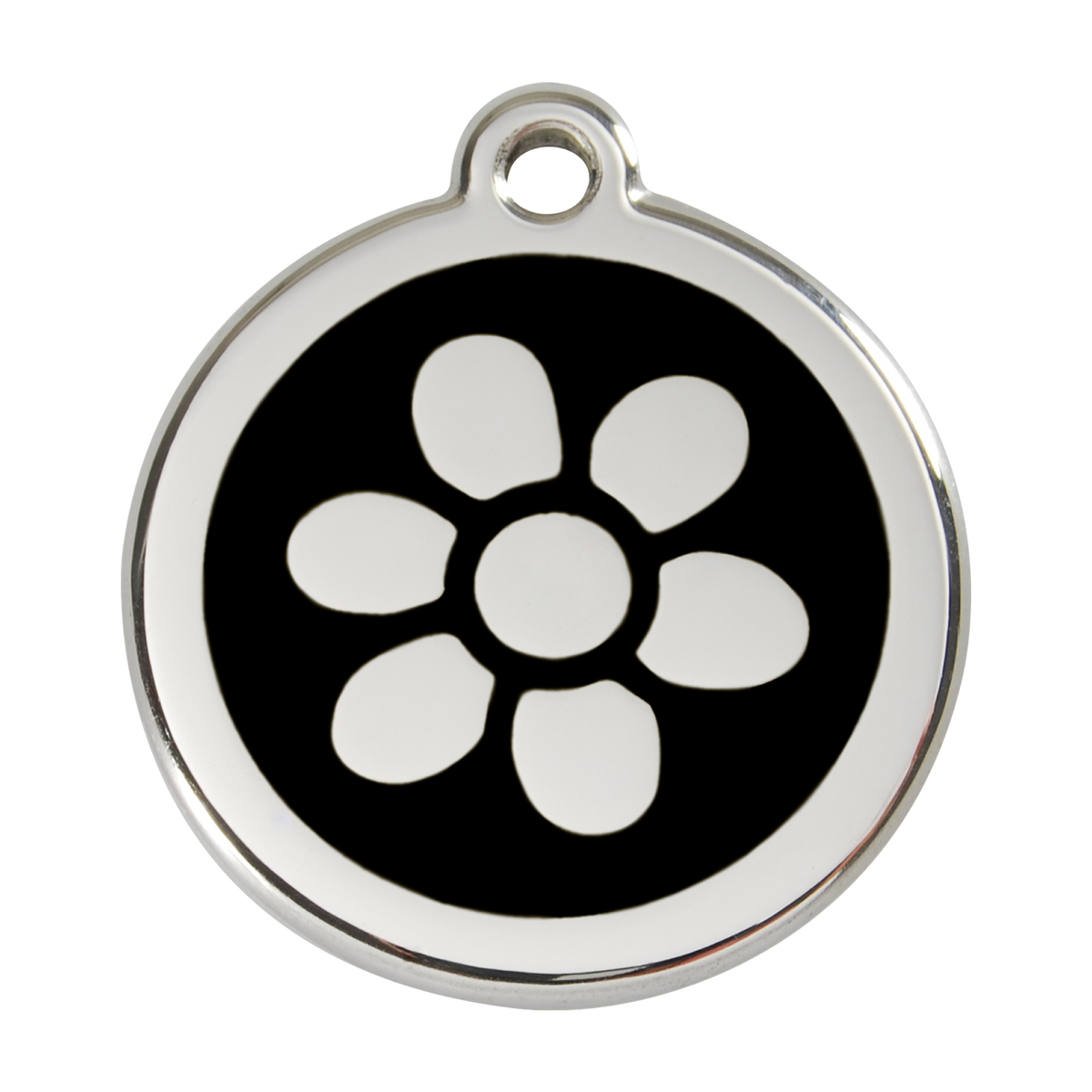 Stainless steel dog ID tag with black paw-flower enamel and metal loop