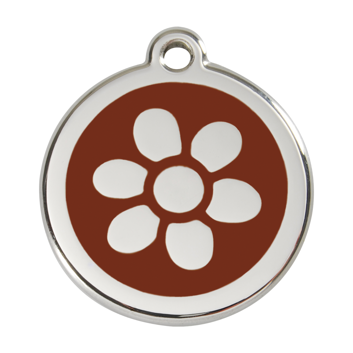 Stainless steel dog ID tag with brown paw-flower enamel and metal loop