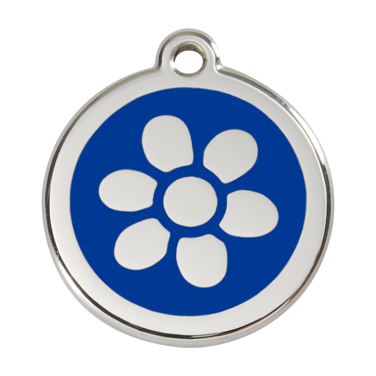 Stainless steel dog ID tag with dark blue paw-flower enamel and metal loop