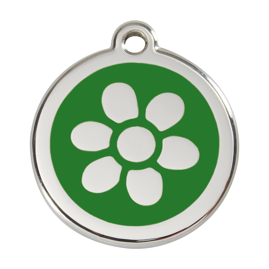 Stainless steel dog ID tag with green paw-flower enamel and metal loop