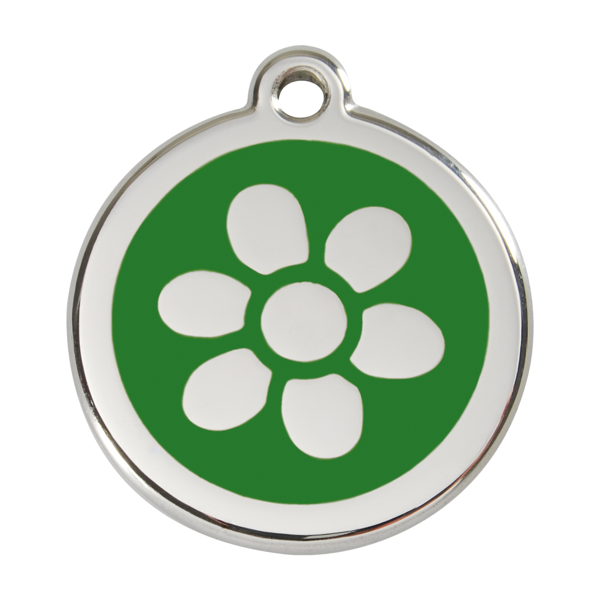 Stainless steel dog ID tag with green paw-flower enamel and metal loop
