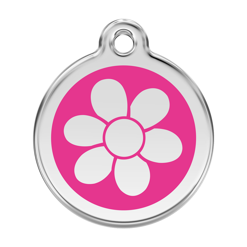 Stainless steel dog ID tag with hot pink paw-flower enamel and metal loop