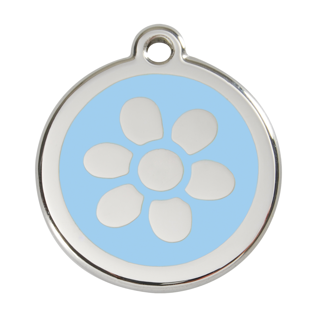 Stainless steel dog ID tag with light blue paw-flower enamel and metal loop