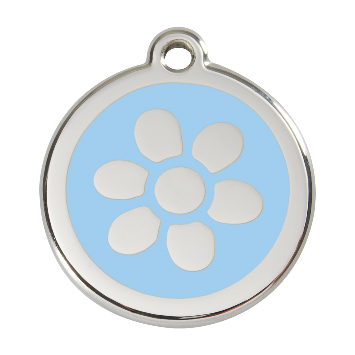 Stainless steel dog ID tag with light blue paw-flower enamel and metal loop