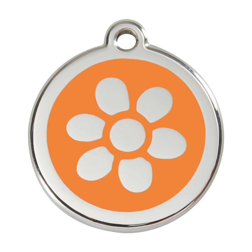 Stainless steel dog ID tag with orange paw-flower enamel and metal loop