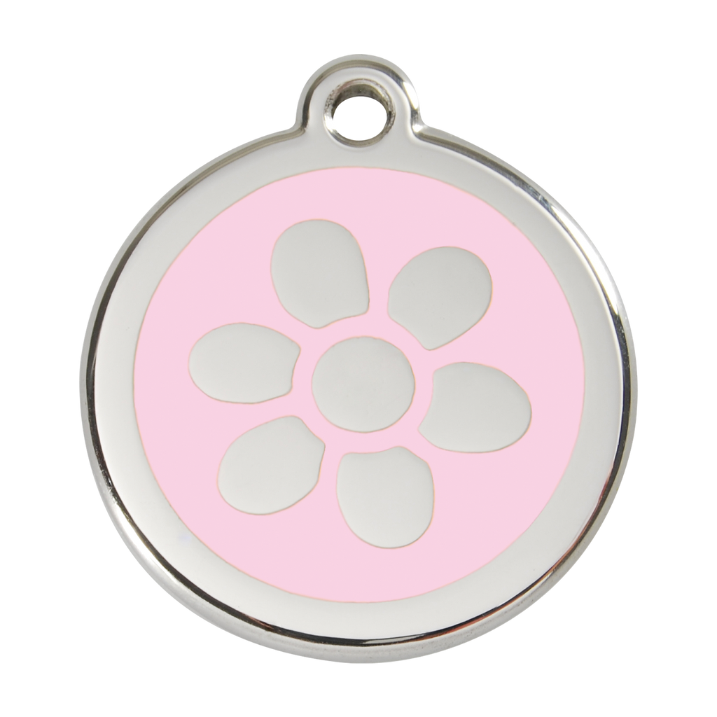 Stainless steel dog ID tag with light pink paw-flower enamel and metal loop