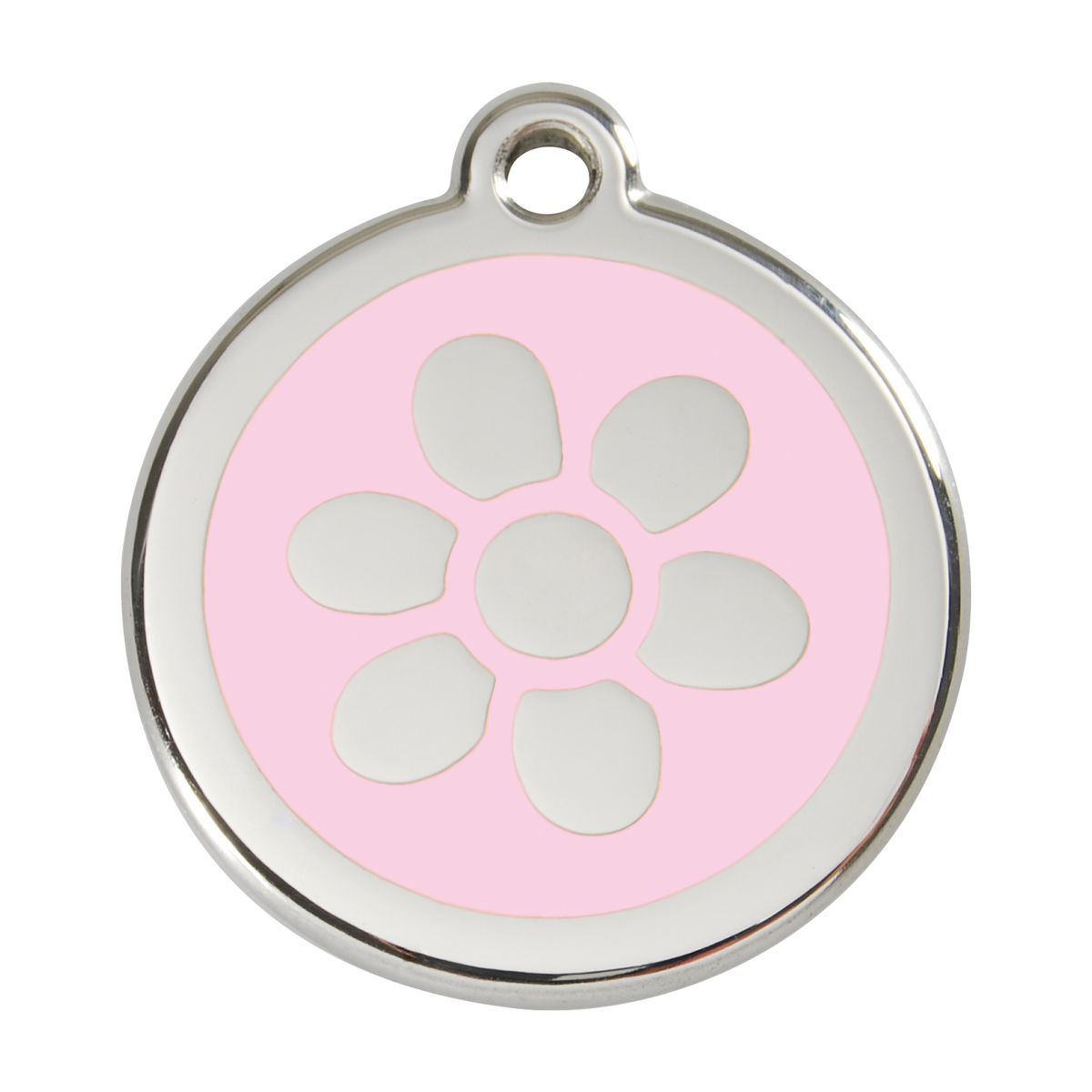 Stainless steel dog ID tag with light pink paw-flower enamel and metal loop
