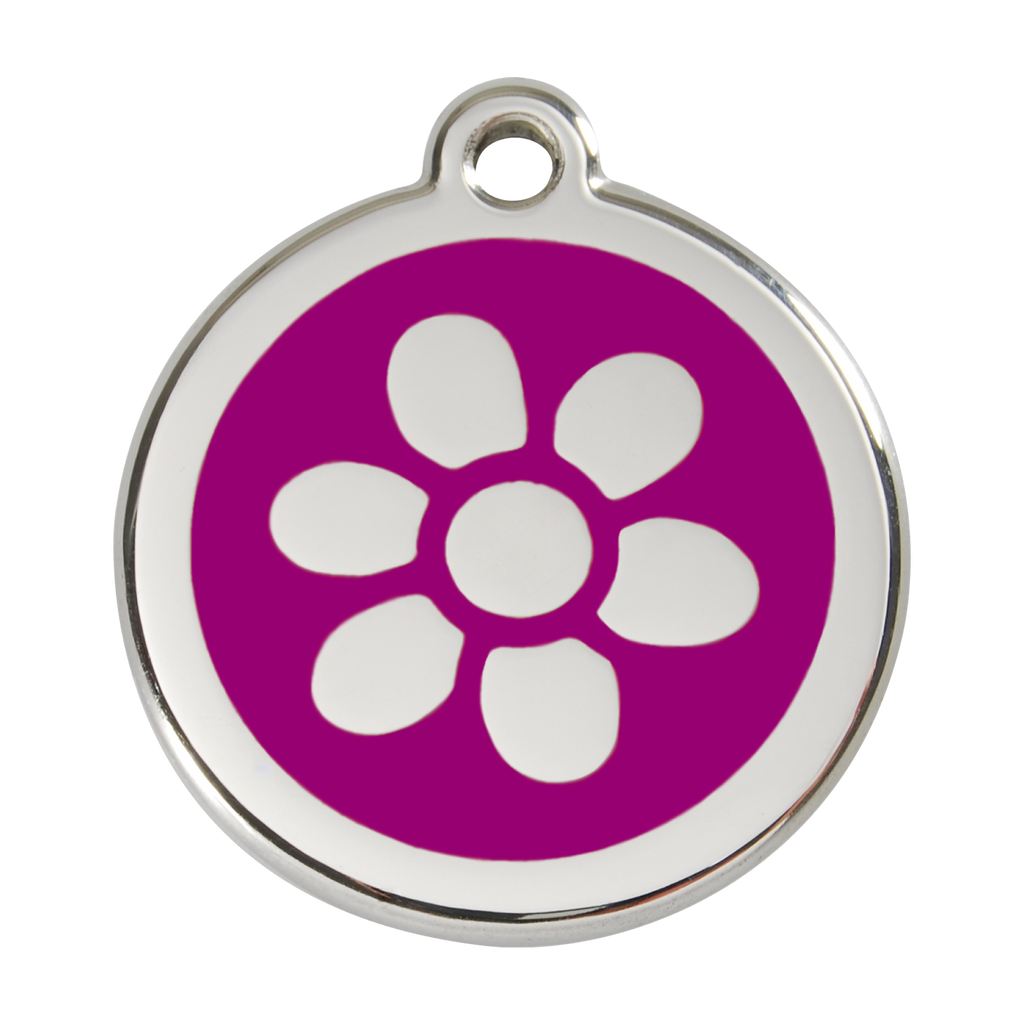 Stainless steel dog ID tag with purple paw-flower enamel and metal loop