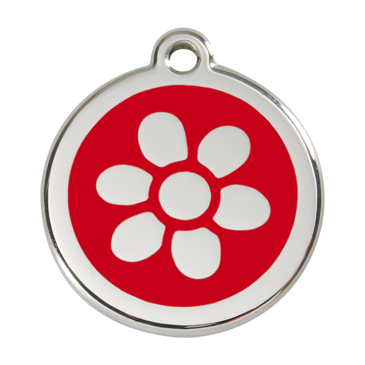 Stainless steel dog ID tag with red paw-flower enamel and metal loop