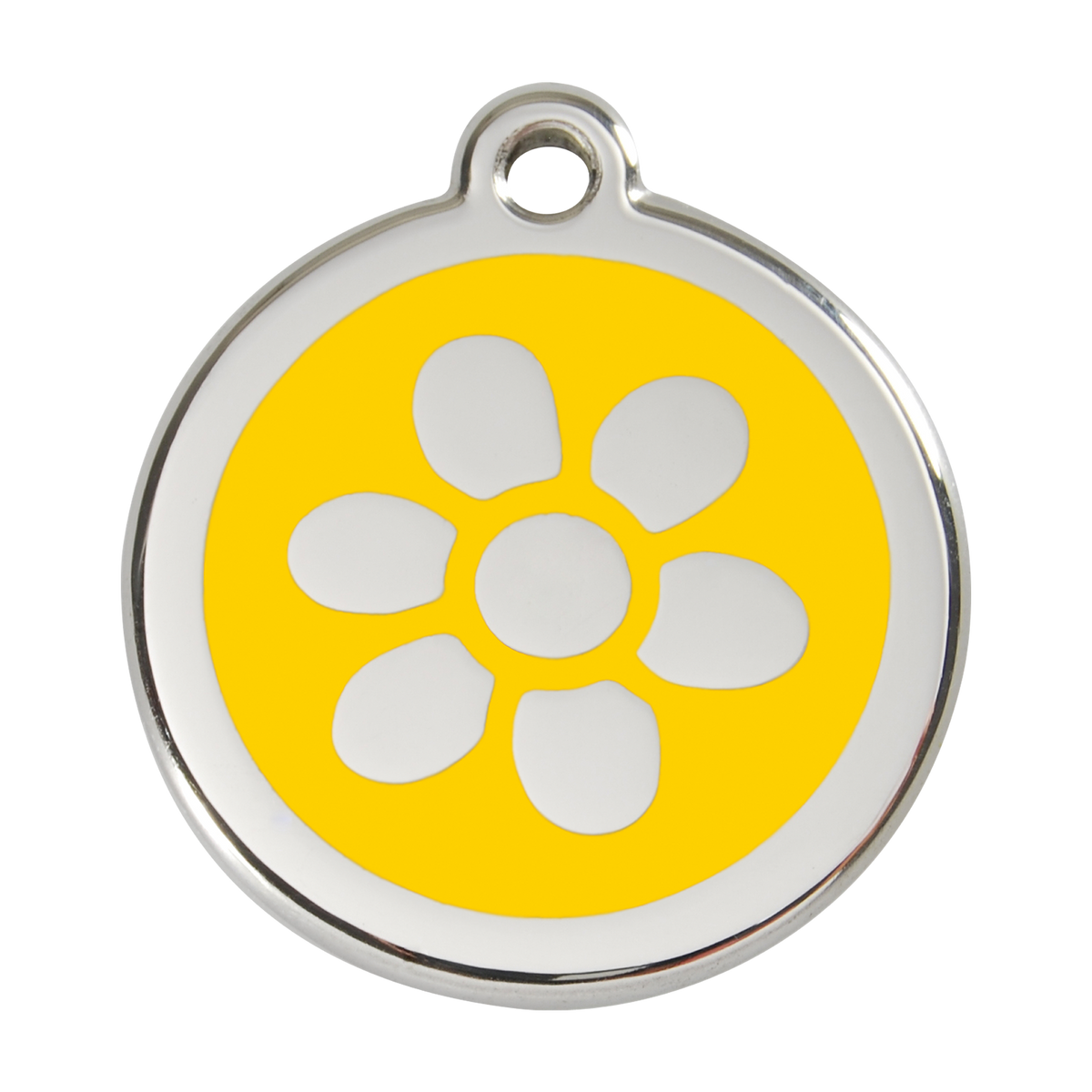 Red Dingo dog ID tag, stainless steel with yellow enamel flower design