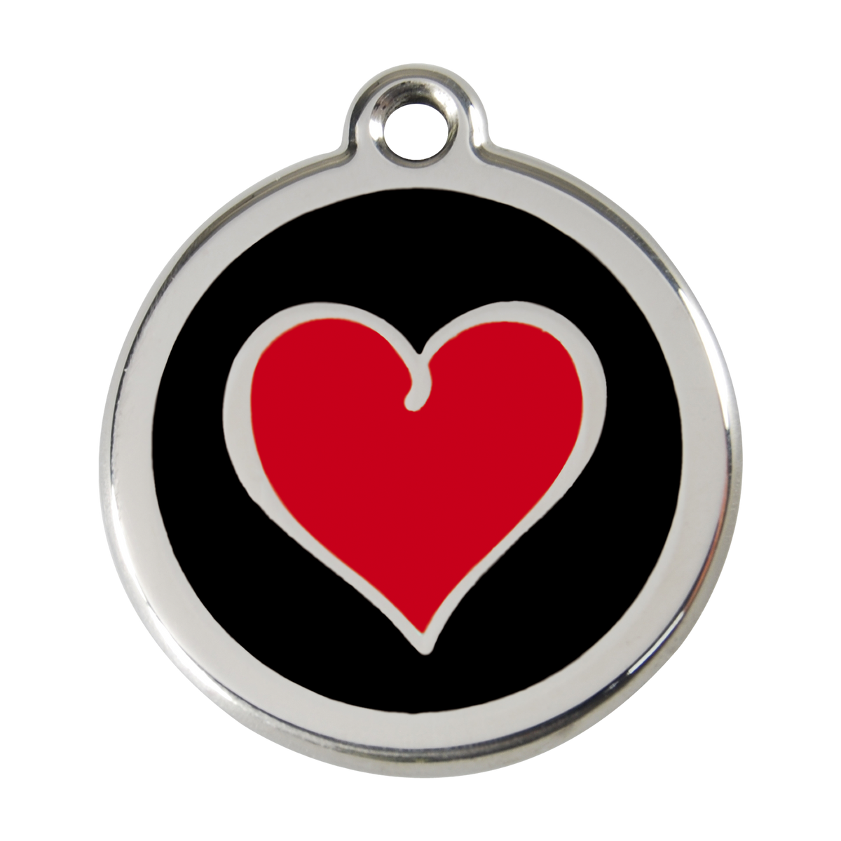Stainless steel dog ID tag with black enamel and red heart