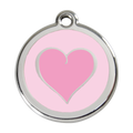 Pink heart enamel dog ID tag with stainless steel circular frame and hanging ring