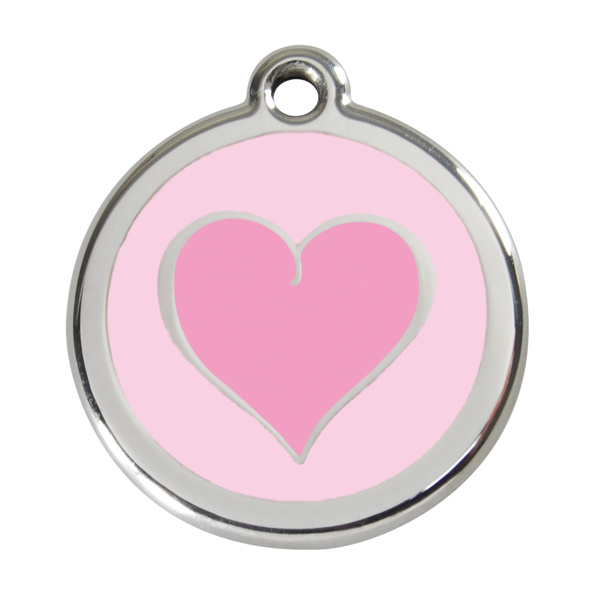 Pink heart enamel dog ID tag with stainless steel circular frame and hanging ring