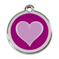 Two-tone purple heart dog ID tag with stainless steel rim and hanging loop