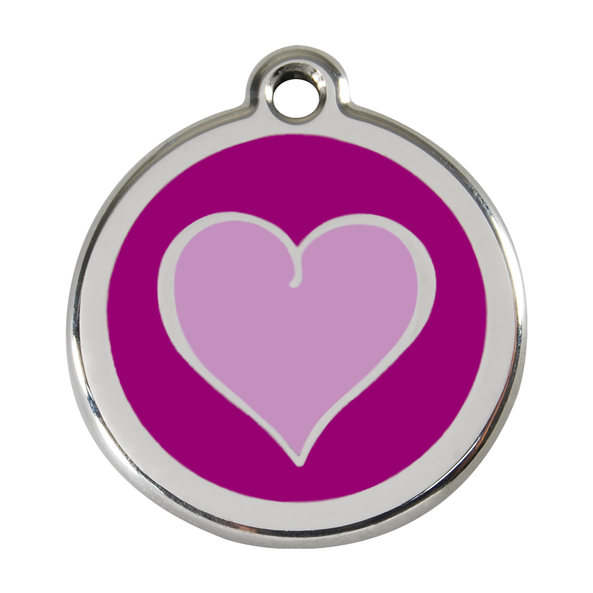 Two-tone purple heart dog ID tag with stainless steel rim and hanging loop