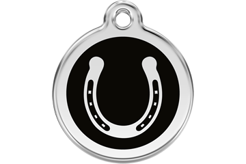 Horseshoe dog ID tag with stainless steel ring and black enamel center